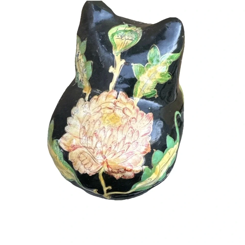 Vintage Black Kitty Cat Laquer Mini Trinket Dish Ring Box Painted Flowers Floral